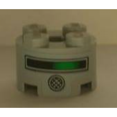 light bluish gray brick round 2 x 2 with axle hole with black and green line and round speaker pattern sticker - set 4981