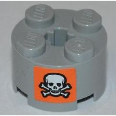 light bluish gray brick round 2 x 2 with axle hole with skull and crossbones on orange background pattern on both sides stickers - set 8198