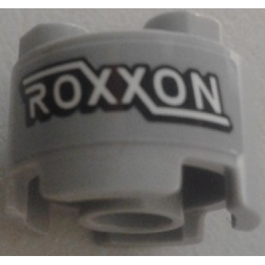 light bluish gray brick round 2 x 2 with axle hole with roxxon pattern sticker - set 76067