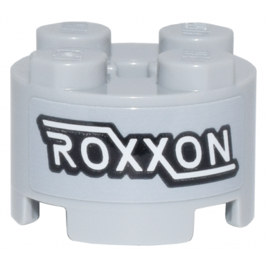 light bluish gray brick round 2 x 2 with axle hole with black and white roxxon logo pattern sticker - set 76269