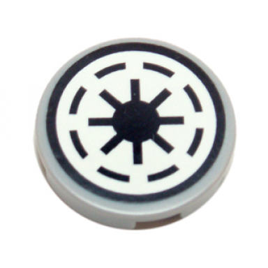light bluish gray tile round 2 x 2 with sw republic logo black border thick gaps pattern sticker - sets 7676 7751 8014 9498 10195 75021