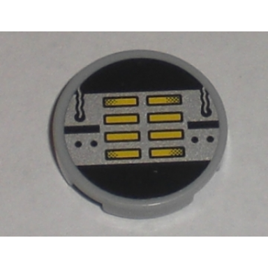 light bluish gray tile round 2 x 2 with yellow black and silver machinery pattern sticker - set 8971