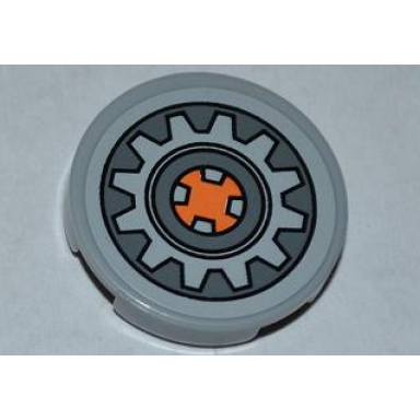 light bluish gray tile round 2 x 2 with gear wheel with orange center on dark bluish gray background pattern sticker - set 9444