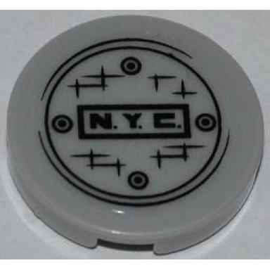 light bluish gray tile round 2 x 2 with n.y.c and manhole cover pattern sticker - set 79103
