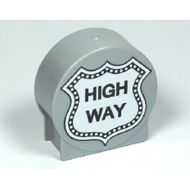 light bluish gray duplo brick 1 x 2 x 2 round top with black high way on white badge pattern