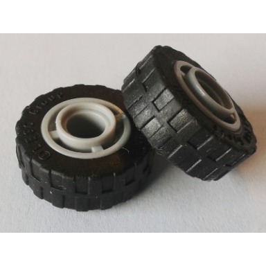 light bluish gray wheel 11mm d x 8mm with center groove with black tire 17.5mm d x 6mm with shallow staggered treads - band around center of tread 42610 92409
