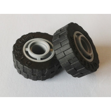 light bluish gray wheel 11mm d x 8mm with center groove with black tire 17.5mm d x 6mm with shallow staggered treads 42610 42611