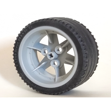 light bluish gray wheel 56mm d x 34mm technic racing medium 3 pin holes with black tire 68.8 x 36 zr 44772 44771
