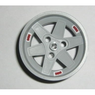 light bluish gray wheel 56mm d x 34mm technic racing medium 3 pin holes with 3 red bbs pattern stickers - set 8386