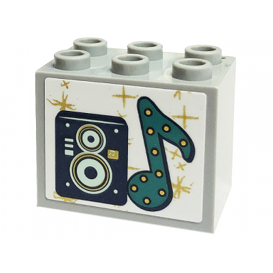 light bluish gray container cupboard 2 x 3 x 2 - hollow studs with speaker and dark turquoise music note with gold dots and stars pattern sticker - set 41449
