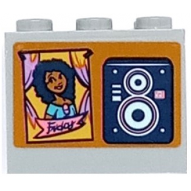 light bluish gray container cupboard 2 x 3 x 2 - hollow studs with dark blue speaker and taped poster with friends minifigure and friday pattern sticker - set 41682