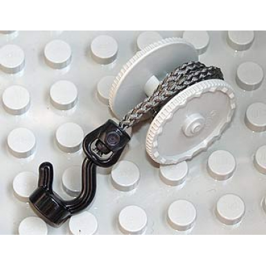 light bluish gray duplo winch drum wide with dark bluish gray thick string and black thin hook rotating with stud holder