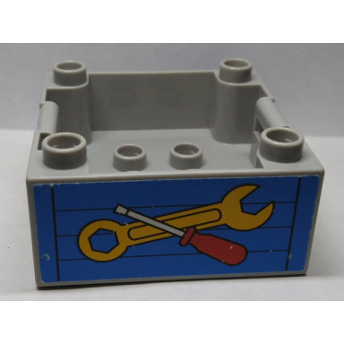 light bluish gray duplo container box 4 x 4 with studs on corners with wrench and screwdriver pattern on both sides stickers - set 9211