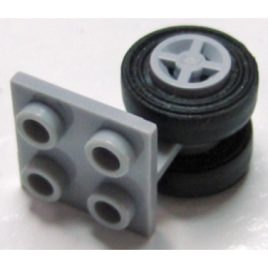 light bluish gray plate modified 2 x 2 thin with dual wheels holder - split pins with light bluish gray wheels and black tires 4870 4624 3139