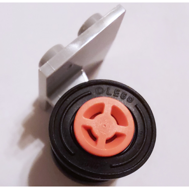 light bluish gray plate modified 2 x 2 thin with dual wheels holder - split pins with coral wheels with slot and black tires 4870 34337 59895