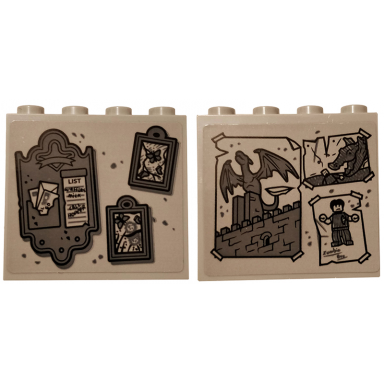 light bluish gray brick 1 x 4 x 3 with gray paintings letter holder with list drawings of dragons zombie and castle pattern on both sides stickers - set 75810