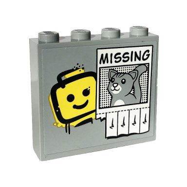 light bluish gray brick 1 x 4 x 3 with yellow minifigure head graffiti black missing and light bluish gray cat on poster pattern sticker - set 60319
