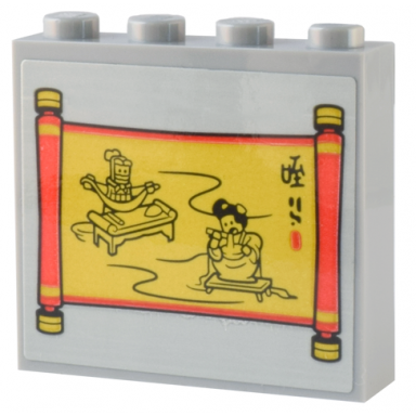 light bluish gray brick 1 x 4 x 3 with red and gold scroll with minifigures spa table and soup pattern sticker - set 80036