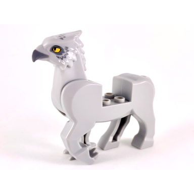 light bluish gray hippogriff body with dark bluish gray beak dark bluish gray and white feathers and bright light orange eyes pattern