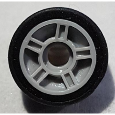 light bluish gray wheel 11mm d x 6mm with 5 spokes with black tire 14mm d x 6mm solid smooth 50944 50945