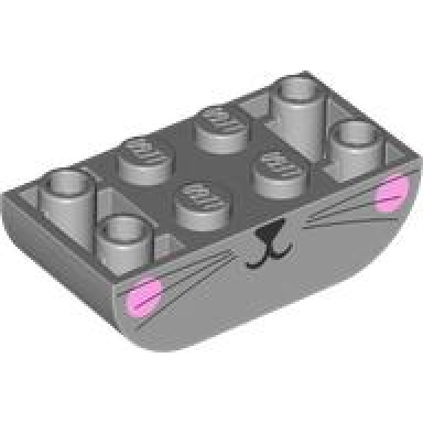 light bluish gray slope curved 4 x 2 inverted double with black mouth nose and whiskers and bright pink cheeks cat lower face pattern
