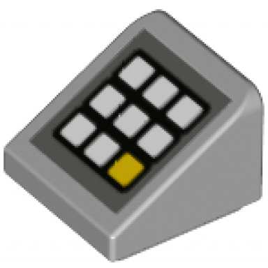 light bluish gray slope 30 1 x 1 x 2 3 with keypad with white and yellow buttons on dark bluish gray background pattern