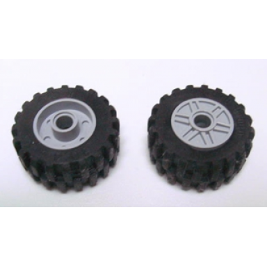 light bluish gray wheel 18mm d x 14mm with pin hole fake bolts and shallow spokes with black tire 30.4 x 14 offset tread 55981 30391