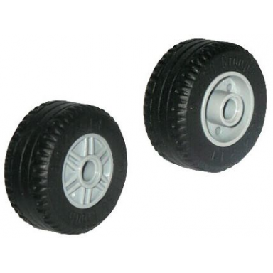light bluish gray wheel 18mm d x 14mm with pin hole fake bolts and shallow spokes with black tire 30.4 x 14 solid 55981 58090