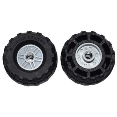 light bluish gray wheel 18mm d x 14mm with pin hole fake bolts and shallow spokes with black tire 37 x 18r 55981 56891