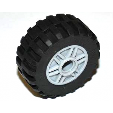 light bluish gray wheel 18mm d x 14mm with pin hole fake bolts and shallow spokes with black tire 30.4 x 14 offset tread - band around center of tread 55981 92402