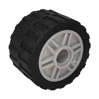 light bluish gray wheel 18mm d x 14mm with pin hole fake bolts and shallow spokes with black tire 24 x 14 shallow tread band around center of tread 55981 89201