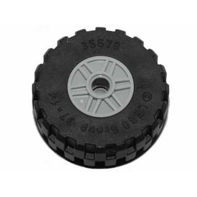 light bluish gray wheel 18mm d x 14mm with pin hole fake bolts and shallow spokes with black tire 37 x 14 55981 35578