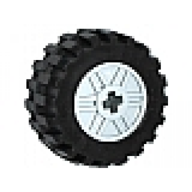 light bluish gray wheel 18mm d x 14mm with axle hole fake bolts and shallow spokes with black tire 30.4 x 14 offset tread band around center of tread 55982 92402