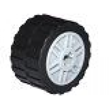 light bluish gray wheel 18mm d x 14mm with axle hole fake bolts and shallow spokes with black tire 24 x 14 shallow tread - band around center of tread 55982 89201