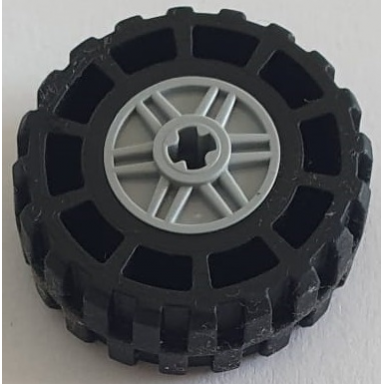 light bluish gray wheel 18mm d x 14mm with axle hole fake bolts and shallow spokes with black tire 37 x 14 55982 35578