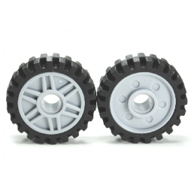 light bluish gray wheel 18mm d x 8mm with fake bolts and shallow spokes with black tire 24mm d x 7mm offset tread - band around center of tread 56902 61254