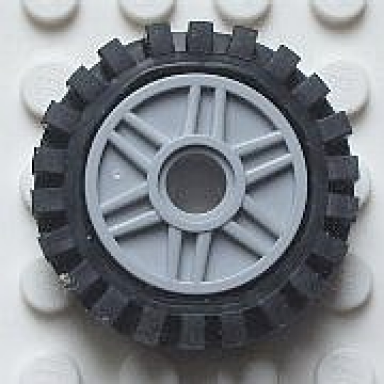 light bluish gray wheel 18mm d x 8mm with fake bolts and shallow spokes with black tire 24mm d x 8mm offset tread - interior ridges 56902 3483