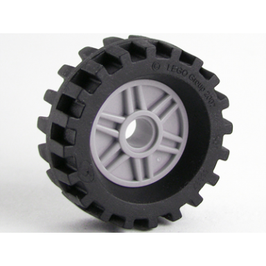 light bluish gray wheel 18mm d x 8mm with fake bolts and shallow spokes with black tire 30 x 10.5 offset tread - band around center of tread 56902 56897