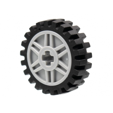 light bluish gray wheel 18mm d x 8mm with fake bolts and shallow spokes and axle hole with black tire 24mm d x 7mm offset tread - band around center of tread 56903 61254