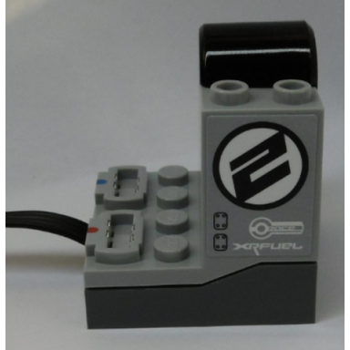 light bluish gray electric power functions receiver unit with dark bluish gray bottom with number 2 race and xrfuel pattern on both sides stickers - set 42095