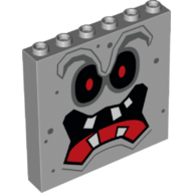 light bluish gray panel 1 x 6 x 5 with black eyes with red pupils dark bluish gray unibrow and dots angry open mouth with tongue and white teeth pattern super mario whomp face