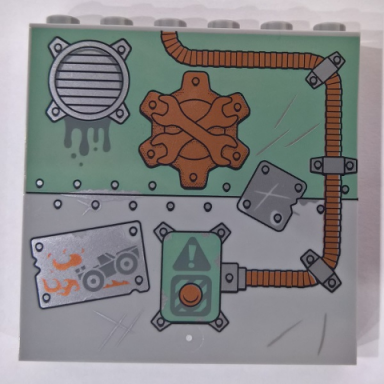 light bluish gray panel 1 x 6 x 5 with metal plates wrenches grille vehicle and warning sign with button and tube pattern