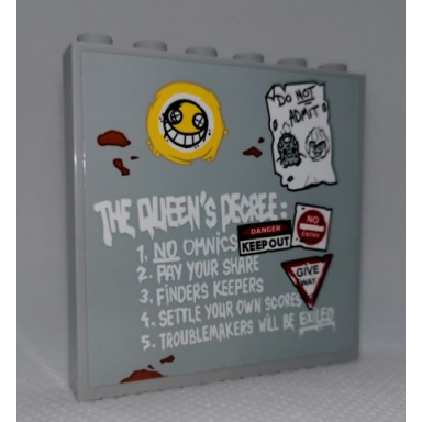 light bluish gray panel 1 x 6 x 5 with the queens decree: list do not admit poster danger signs and smile face pattern sticker - set 75977
