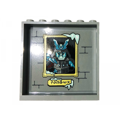 light bluish gray panel 1 x 6 x 5 with framed picture of general vex runes and brick wall pattern on inside sticker - set 70678