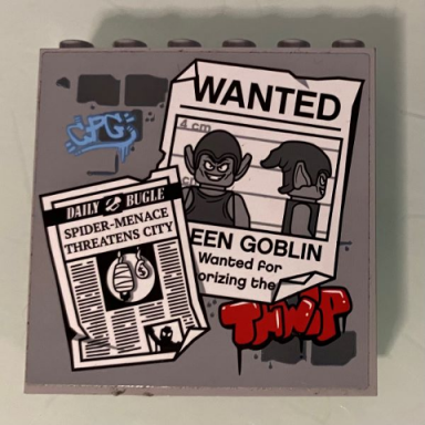 light bluish gray panel 1 x 6 x 5 with daily bugle newspaper page spider-menace threatens city headline wanted poster and green goblin picture pattern sticker - set 76057