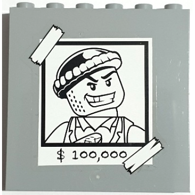 light bluish gray panel 1 x 6 x 5 with white and black bank robber minifigure wanted poster and $100000 reward pattern sticker - set 40110