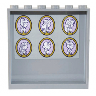 light bluish gray panel 1 x 6 x 5 with 6 gold oval disney princess profile portraits of cinderella jasmine merida rapunzel snow white and tiana pattern sticker - set 43205
