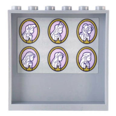 light bluish gray panel 1 x 6 x 5 with 6 gold oval disney princess profile portraits of ariel aurora belle moana mulan and pocahontas pattern sticker - set 43205