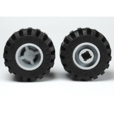 light bluish gray wheel 11mm d x 12mm hole notched for wheels holder pin with black tire 21mm d x 12mm - offset tread small wide band around center of tread 6014b 87697