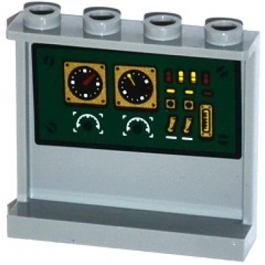 light bluish gray panel 1 x 4 x 3 with side supports - hollow studs with gauges and switches on dark green background pattern on inside sticker - set 70735